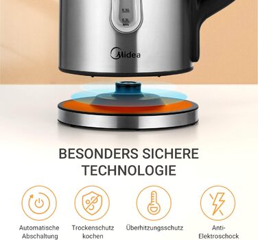 Midea 1.7L Electric Kettle - Stainless Steel, Fast Boil, LED Display, 360° Base, Boil Dry Protection