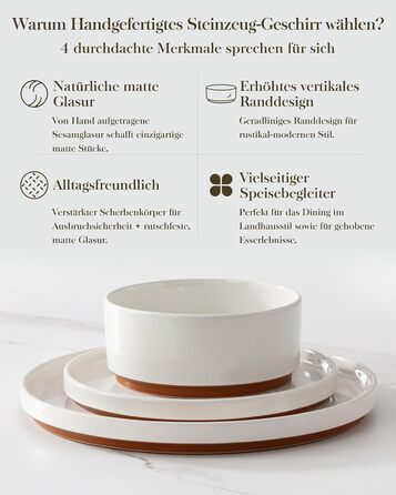 Набір посуду MALACASA з каменю (18 предметів) для 6 осіб, керамічний сервіз з глазур'ю 'сезам', білий з коричневим дном, набір тарілок та мисок