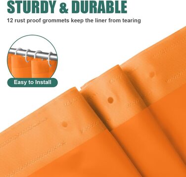 Шторка для душу URAQT, антибактеріальна, водонепроникна, швидковисихаюча, PEVA, 180x180 см, 12 прищіпок, білий/оранжевий