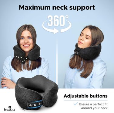 Подушка для шиї SnoozEasy™ для дорослих | Подушка для подорожей на літаку з memory foam | Регульована подушка з маскою для очей, навушниками, сумкою та карабіном | Бренд UK