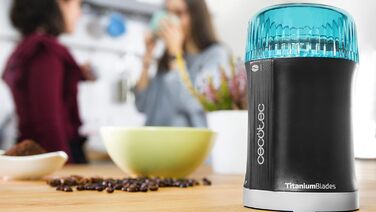 Електрична кавомолка Cecotec TitanMill 200 Вт для кави, спецій, зерна. Титанове покриття, 50 г, BPA Free, чорний & аквамарин
