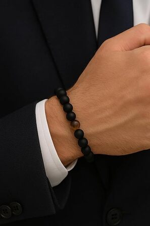 Браслет чоловічий 9 O'Clock Perlenarmband з оніксу 8мм, еластичний, ручна робота (Німеччина), з тигровим оком (чорно-коричневий)