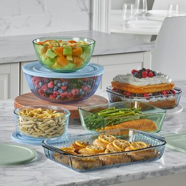 Набір скляних мисок Pyrex Colors з кришками, 1,3 л і 2,3 л, для змішування та випікання, різнокольорові, термостійке скло, 2 шт.