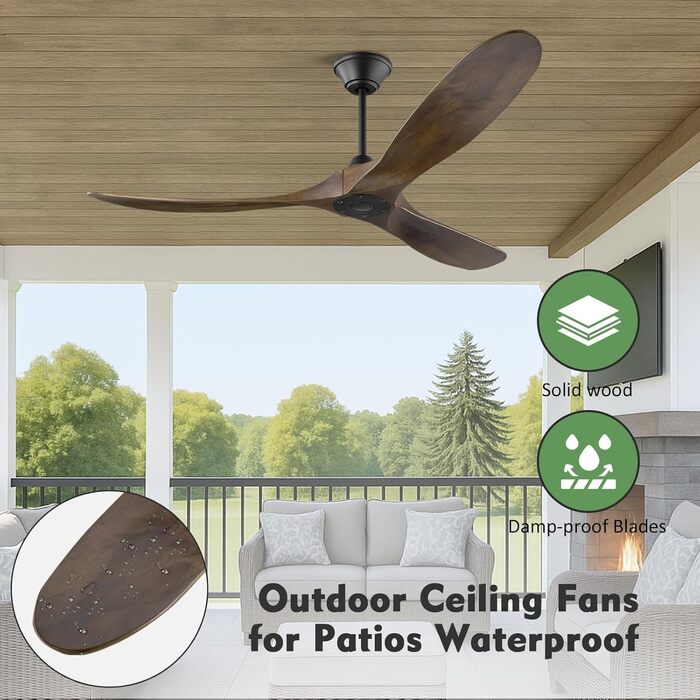 Дерев'яний стельовий вентилятор 152 см з дистанційним керуванням, 60 дюймів, 3 лопаті, DC-двигун, для дому та вулиці, таймер, коричневий