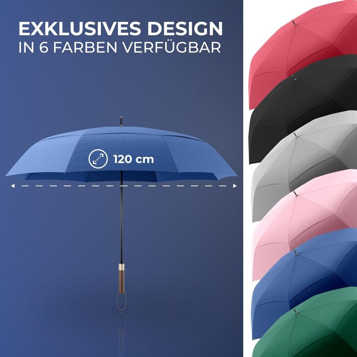 Logan & Barnes Stormproof Umbrella - 120cm Diameter, Wooden Handle - XXL Large Umbrella for 2 People - Chicago Model (Blue)