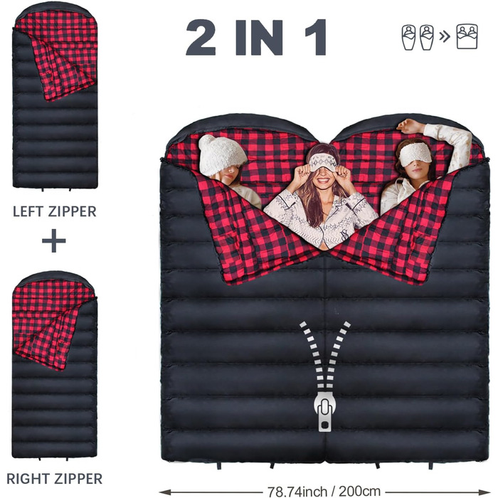 Сплячий мішок Outdoor Winter для дорослих, Extra Wide, 3-4 сезони, XXL, теплий бавовняний фланелевий ковдровий спальний мішок для кемпінгу, походів, пригод, 230 * 100CM, червоний, L-Zip, 0℃