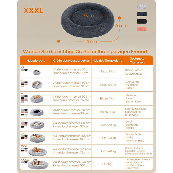 Кругле ліжко для собак та котів Feandrea, м'яке, з подушкою, 120 см, темно-сірий