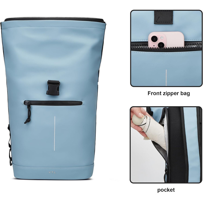 Водонепроникний рюкзак YTL Rolltop з відділенням для ноутбука 17 дюймів, великий рюкзак для жінок та чоловіків, для подорожей, школи, університету, велосипеда (Світло-блакитний)