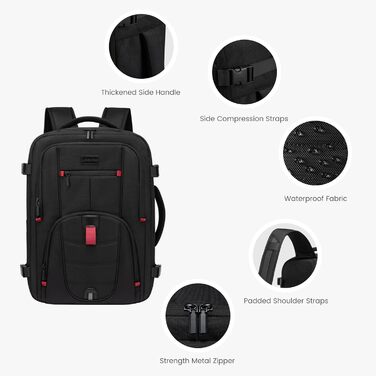 LOVEVOOK Рюкзак для ручної поклажі, дорожній рюкзак чоловічий/жіночий, 40л, з відділенням для ноутбука, чорний (45 x 32 x 20 см)