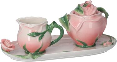 Keyhome store - Set of Milk Jug and Sugar Bowl in Ceramic, pink with box and tray, ideal for coffee breaks - Milk Jug 7 x 11 cm - Sugar Bowl 11 x 13 cm