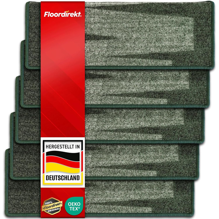 Набір килимків для сходів Floordirekt Via Veneto (15 шт.) з ефектом мазків пензля | 65 x 23,5 см, зелений | стабільна фіксація, кутова рейка