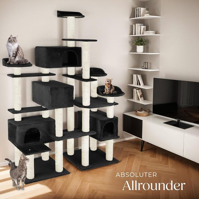 Тектейк® Кігтеточка для котів велика, кігтеточка з аксесуарами, XXL кігтеточка з 4 будиночками для котів, ігровий комплекс з кігтестолом, кігтевий стовп з сизалю, можливе кріплення до стіни - сірий (Чорний | № 403921)