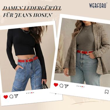 Жіночий шкіряний ремінь WERFORU для джинсів, спідниць та суконь з золотою пряжкою, червоний, довжина 110 см (85-97 см талія)