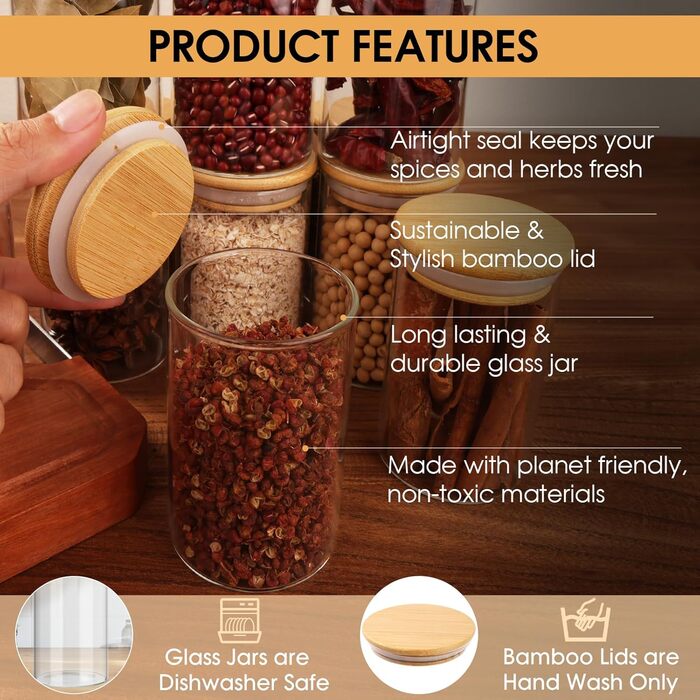 Набір скляних банок для спецій Cinnani 250 мл (12 шт) з дерев'яними кришками, герметичні, з етикетками