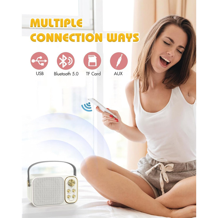 Караоке машина з 2 мікрофонами, портативна Bluetooth колонка для дітей та дорослих, 7 звукових ефектів, ідеальна для вечірок та свят (біла)