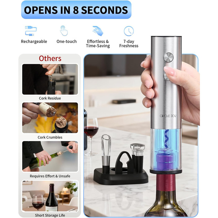 Електричний відкривачка вин CIRCLE JOY 6-в-1 з зарядною станцією, набір з нержавіючої сталі, з різаком фольги, аератором та 2 вакуумними закривачами