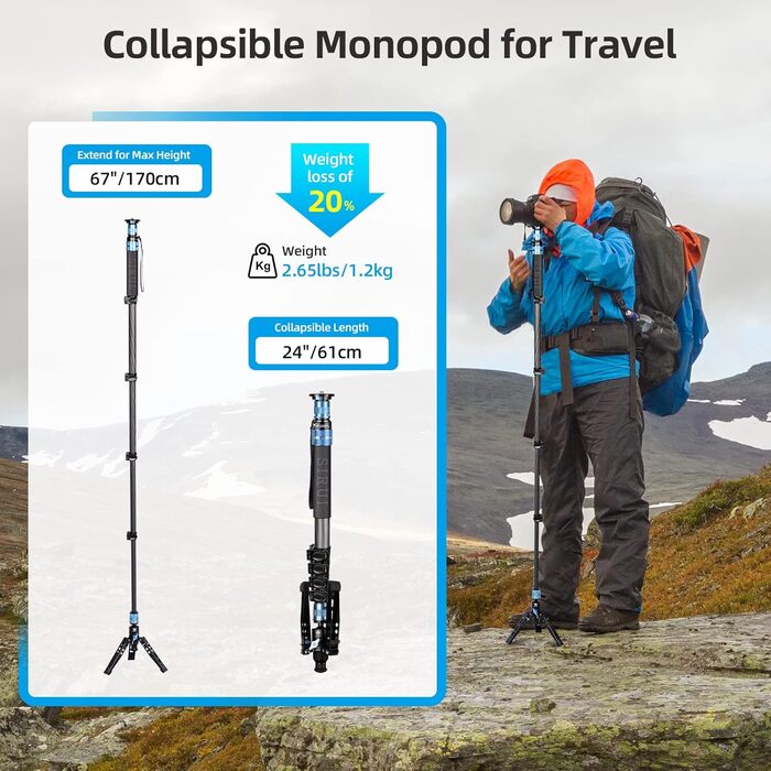 Штатив-монопод SIRUI P-325FL з вуглецевого волокна: легкий, з 5 секціями, навантаження до 10 кг