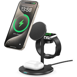 3-в-1 індукційна зарядка для декількох пристроїв, 15W MagSafe зарядка для iPhone 15/14, MagSafe зарядний пристрій для iWatch Ultra 2/1/Series 9/8, AirPods, білий/чорний