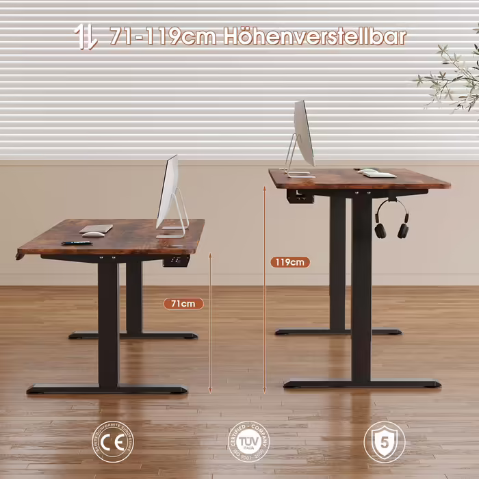 JUMMICO Height-Adjustable Desk 120x60cm, Standing Desk (71-119cm), Electric Height-Adjustable Desk with 2-Memory Control and Anti-Collision Function (Vintage Brown)