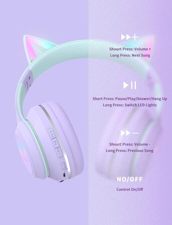 Бездротові навушники Bluetooth для дітей з LED-підсвіткою, котячими вушками та мікрофоном, HD Stereo, складна конструкція, регульоване наголов'я, для дівчаток, фіолетовий колір