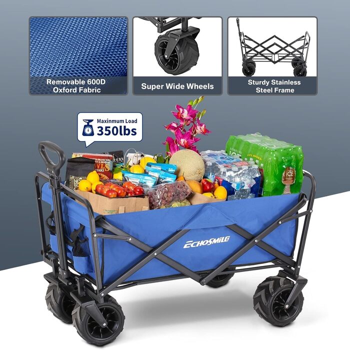 Візок-садок EchoSmile Bollerwagen 200л, 160кг, синій - складаний, з регульованою ручкою та бічними кишенями, для пляжу, саду, покупок
