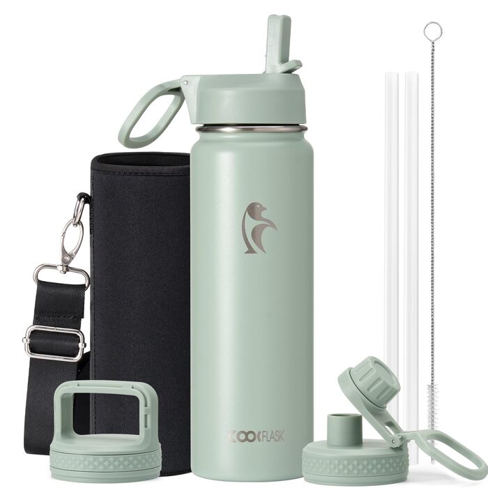 Термофляга Coolflask 710 мл зі сталі з трубою та 3 кришками, вакуумна ізольована пляшка для води для спорту та подорожей, Starry Indigo Black