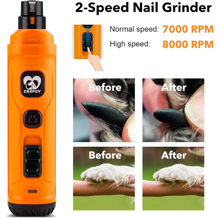 Електричний точило для собак та котів Casfuy з LED-підсвіткою, 2 швидкості, тихе, потужне, для малих та середніх порід, помаранчеве