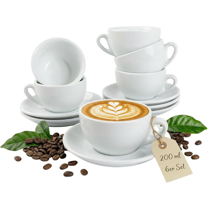 Набір з 6 еспресо-чашок | Хром | Італійський стиль | Dickwandig & Schwer | Еспресо-набір 6 шт. з підставками - подарунковий набір (200 мл, білий)