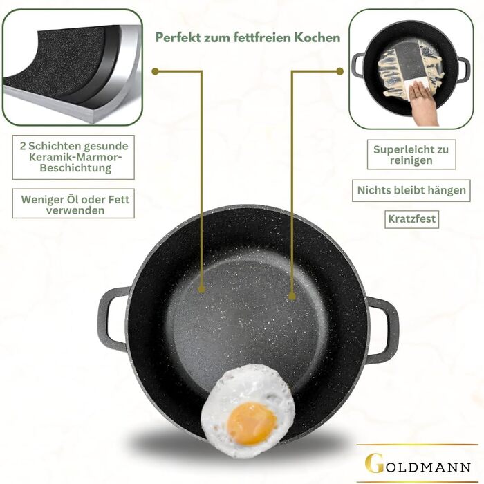 Каструля Goldmann 28 см з алюмінію з нержавіючою сталлю (10 л) з силіконовими ручками, антипригарне покриття з мармурової кераміки та скляною кришкою