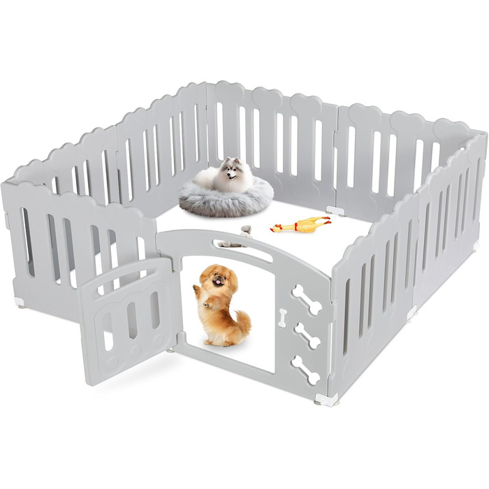 Забіг для цуценят MAMIZO 60 см, вольєр для собак з 7+1 пластикових панелей, сірий. Забіг для собак вдома та на вулиці, з тор, включаючи присоски та ґрунтові анкери.