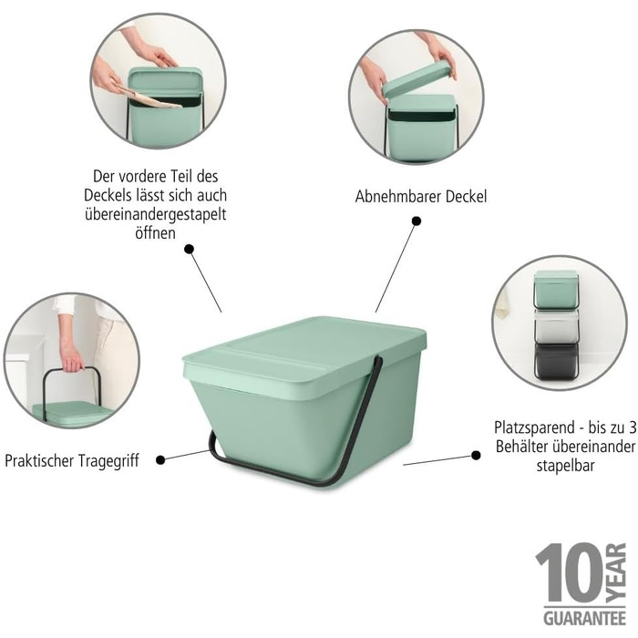 Сміттєвий кошик з кришкою Brabantia Sort & Go 16-20 л, для сортування відходів та тари, світло-зелений (Jade Green)