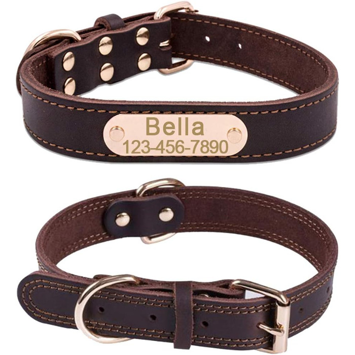 Персоналізоване шкіряне нашийник для собак з гравіюванням імені та номером телефону, ідентифікаційний нашийник для собак, підходить для собак маленьких, середніх та великих порід, L (ширина 3 см, обхват шиї 50–60 см), Колір: Коричневий