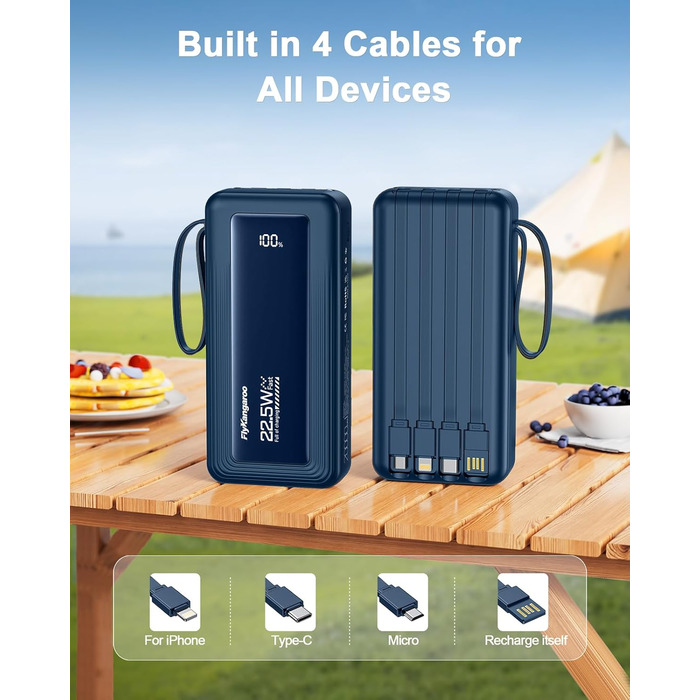 Портативний зарядний Power Bank 20000mAh з LED дисплеєм, 6 виходів, 2 входи, 22.5W, сумісний з iPhone, Samsung, Pixel, темно-синій