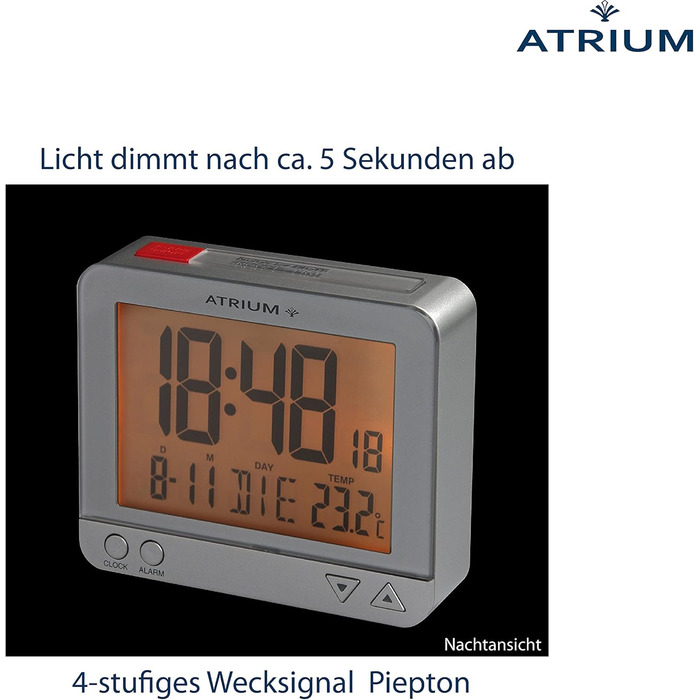 Atrium Funk-Wecker digital Silber with sensor-controlled night light, top-side snooze button, date and temperature display A760-19