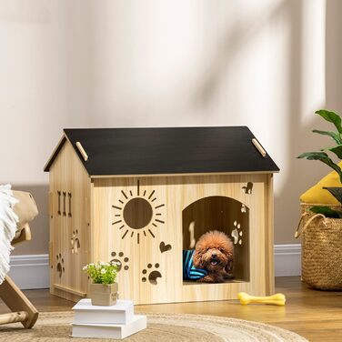 PawHut Wooden Dog House - Indoor Pet Shelter with Ventilation - MDF Oak & Black - 69x50x58.5 cm