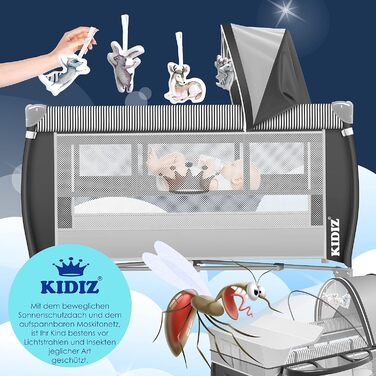 Kidiz® Baby Bed 3 in 1 Travel Bed Combo Set Baby Bed with Changing Pad Mosquito Net Playard Baby from Birth to 15 kg Airy Side Walls with Side Entrance Carry Bag Foldable, Grey