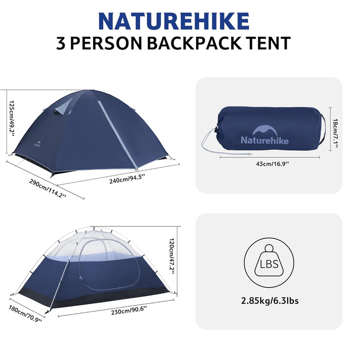 Намет Naturehike Bleik Ultralight 2-3 особи, водонепроникний (3000 мм), блакитний 240x290x125 см для кемпінгу, туризму та трекінгу