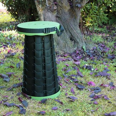 Стілець-телескоп складний Fishtec, регульована висота 6-44,5 см, ABS-пластик, вантажопідйомність 130 кг, портативний 1,28 кг, Ø25,5 см, з плечовим ременем, для кемпінгу, риболовлі, пікніка, чорно-зелений