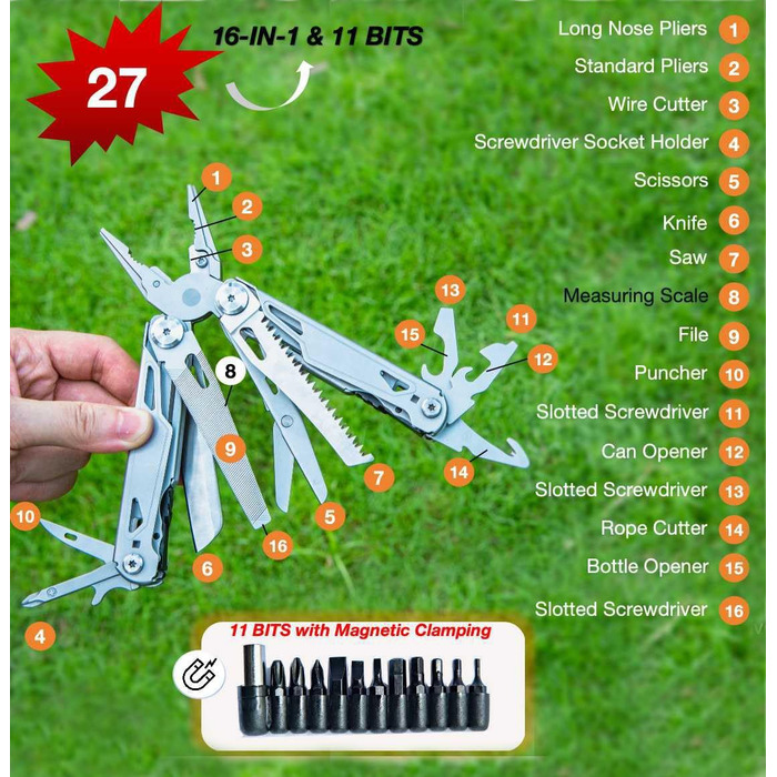 Мультитул преміум-класу 27-в-1: інструмент для кемпінгу, туризму та відпочинку на природі | З набором біт та зручною сумкою