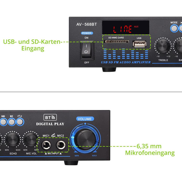 LiNKFOR стерео підсилювач Bluetooth для дому та авто з FM-радіо, USB/SD/MP3, LED-дисплей, HiFi аудіо, 29.5×23×10 см