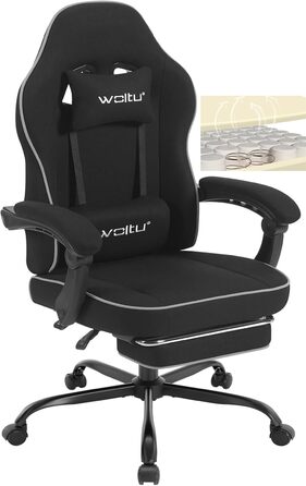 Ігрове крісло WOLTU GS11sz з пружинною подушкою, ергономічне комп'ютерне крісло до 150 кг, з підголовником, поперековою подушкою, підставкою для ніг, сітчаста тканина, чорне-сіре