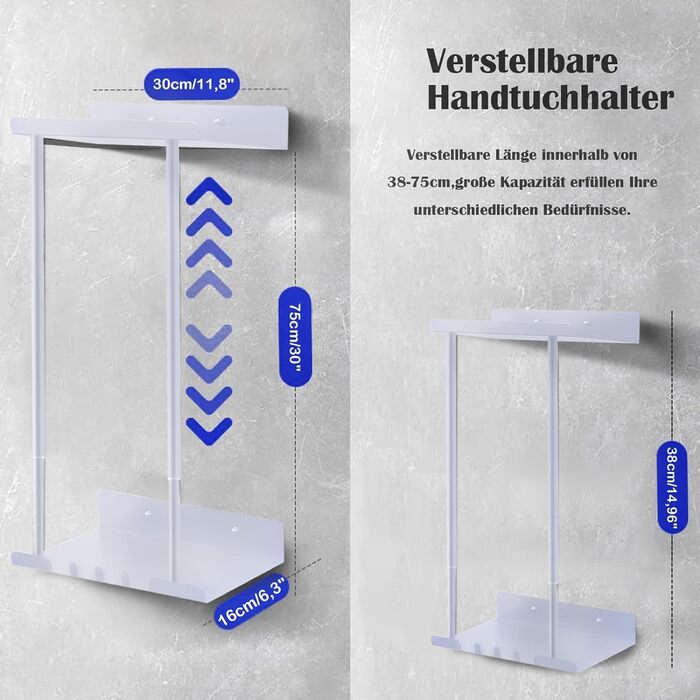 Тримач для рушників без свердління, висувний, з полицею, самоклеючий, для ванної кімнати, 38-75 см, білий