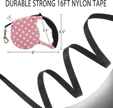 Висувна поводок для собак, 5 м, для маленьких та середніх собак до 25 кг, антизаплутування, міцний нейлоновий поводок (рожево-білі крапки)