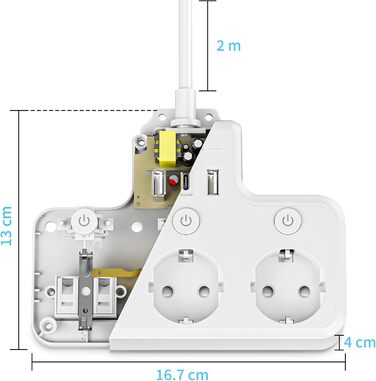Багатофункціональна мережа роз'ємів 9 в 1 з вимикачем, USB 5-портова, 2м кабель, кутова розетка, чорний колір, індивідуальне вимкнення, для кухні та столу (3 розетки, настінний монтаж)