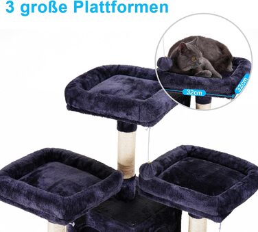 Великий котячий будиночок Kratzbaum, 180 см XXL, стабільний з мотузкою з сизалю, велика царапальня, кошик, 3 платформи та 2 будиночки, сірий, EMPJ034G