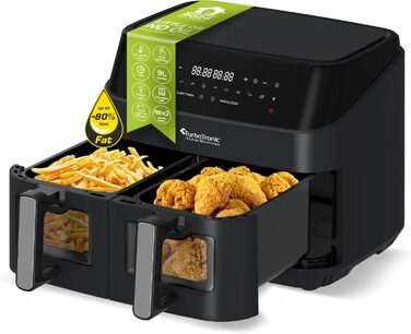 TurboTronic подвійна аерофритюрниця XXL 1600 Вт, 9 л (2×4,5 л), 10 програм, цифрова, без олії, сіра