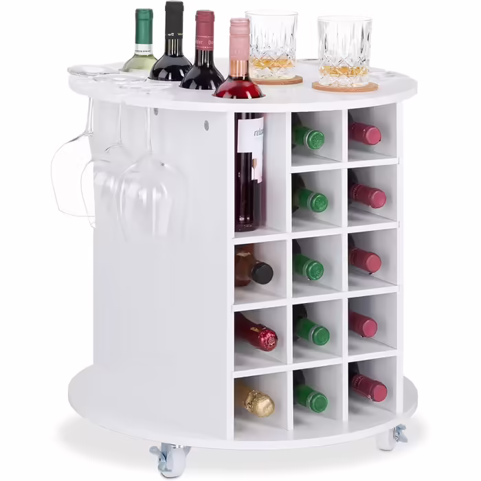 Relaxdays, white wine rack on 360° swivel casters, 6 glass holders, wine storage for 17 bottles, round, HxD: 56x54cm