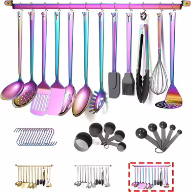 Kyraton Rainbow Kitchen Utensils Set - 37 Piece Stainless Steel Kitchen Helper Set with Titanium Rainbow Coating, Kitchen Tool Set with Utensil Holder, Cooking Spoon Set Dishwasher Safe