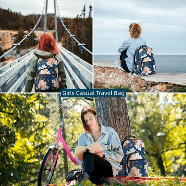 Шкільний рюкзак Leaper з квітковим принтом, сумка-рюкзак, сумочка для книг, дамська сумка 42 л, темно-синій з білим, 2 шт.