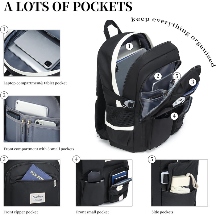 Шкільний рюкзак YAMTION для підлітків, 15.6 дюймів, чорний. Підходить для школярів, студентів середньої та вищої школи.
